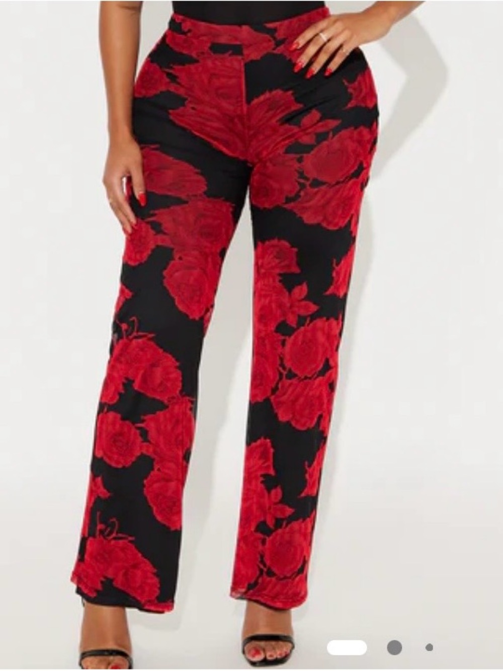 Fashion Nova Black Wide-Leg Pants with Red Floral Print